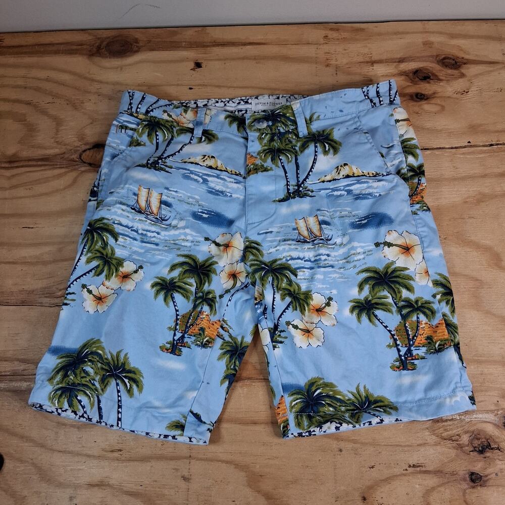 Denim & Flower Ricky Singh Mens 32 Tropical Hawaiian Palm Tree Shorts Blue